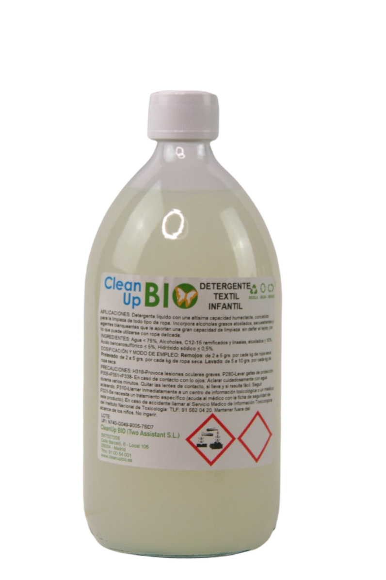 Detergente Textil Neutro olor Infantil CleanUp BIO 1L (28 lavados)  - En vidrio retornable